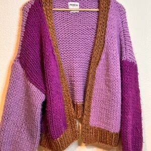 FRNCH Women's Cozycore Cottagecore Fishercore Purple and Brown Knit Cardigan